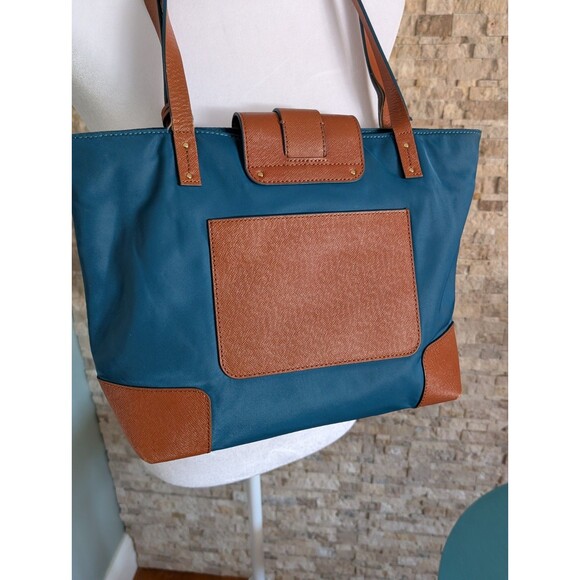 Tory Burch Penn Nylon Faux Leather 14" Tote Shoulder Bag Teal Brown GUC - Picture 4 of 16